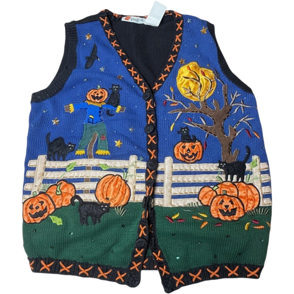 Basic Editions Halloween Sweater Vest Medium Blue Pumpkins Black Cats Scarecrow